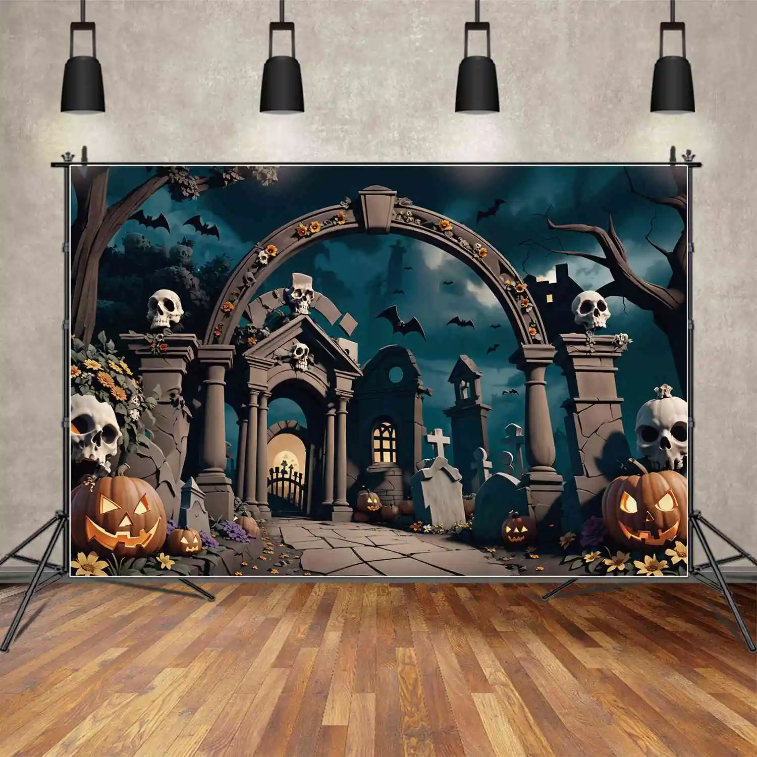 

MOON.QG Photo Backdrop Halloween Castle Tombstone Background Children Party Decor Arch Brick Door Graveyard Pumpkin Lamp Props