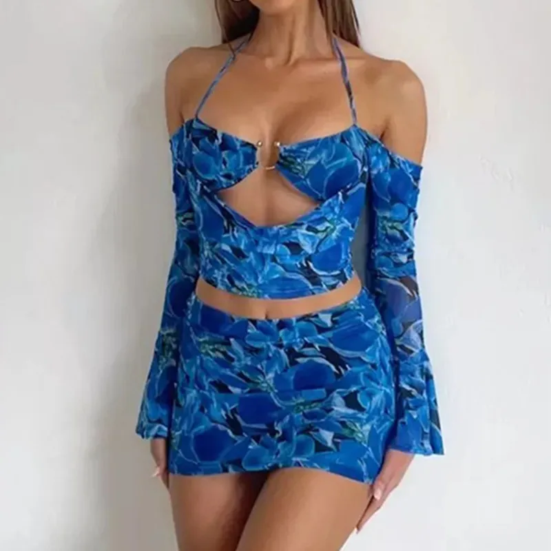 

Ladies Beach Bodycon Outfits Blue Printed Long Sleeve Hanging Neck Backless Crop Tops + Wrapped Mini Skirt Suit Club Streetwear