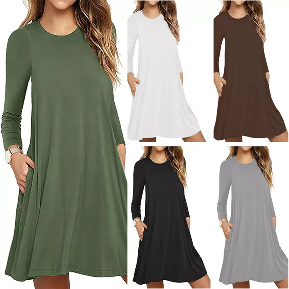 

2023New Dress Autumn Women Short Solid Color A-line Dresses Womans Long Sleeve Mini Crew Neck Simple Loose Spring Dress