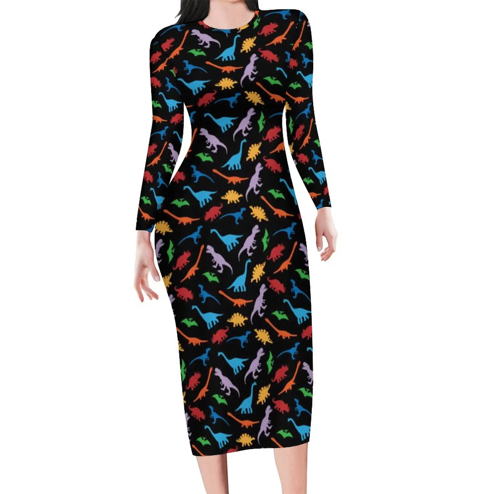 

Colorful Dinosaur Dress Women Cute Animal Print Aesthetic Bodycon Dress Autumn Long Sleeve Retro Dresses Oversized Vestidos