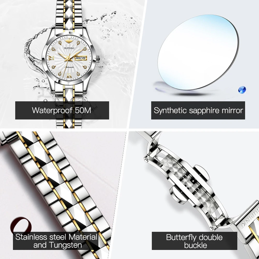 OUPINKE Swiss Brand Women Watch Automaitc Self Wind Mechanical Fashion Sapphire Crystal Dress Wristwatch Waterproof Ladies Watch enlarge