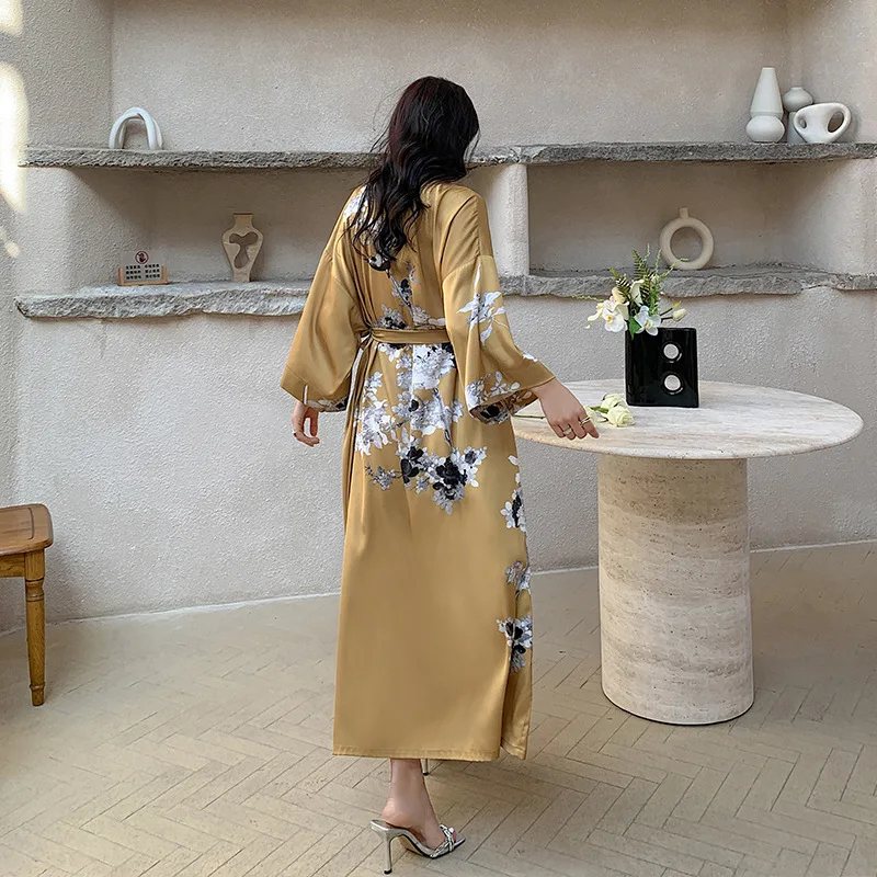 2023 New Nightgown Women's Spring and Summer Thin Section Ice Silk Satin Printing National Style Tie Morning Robe Bathrobe