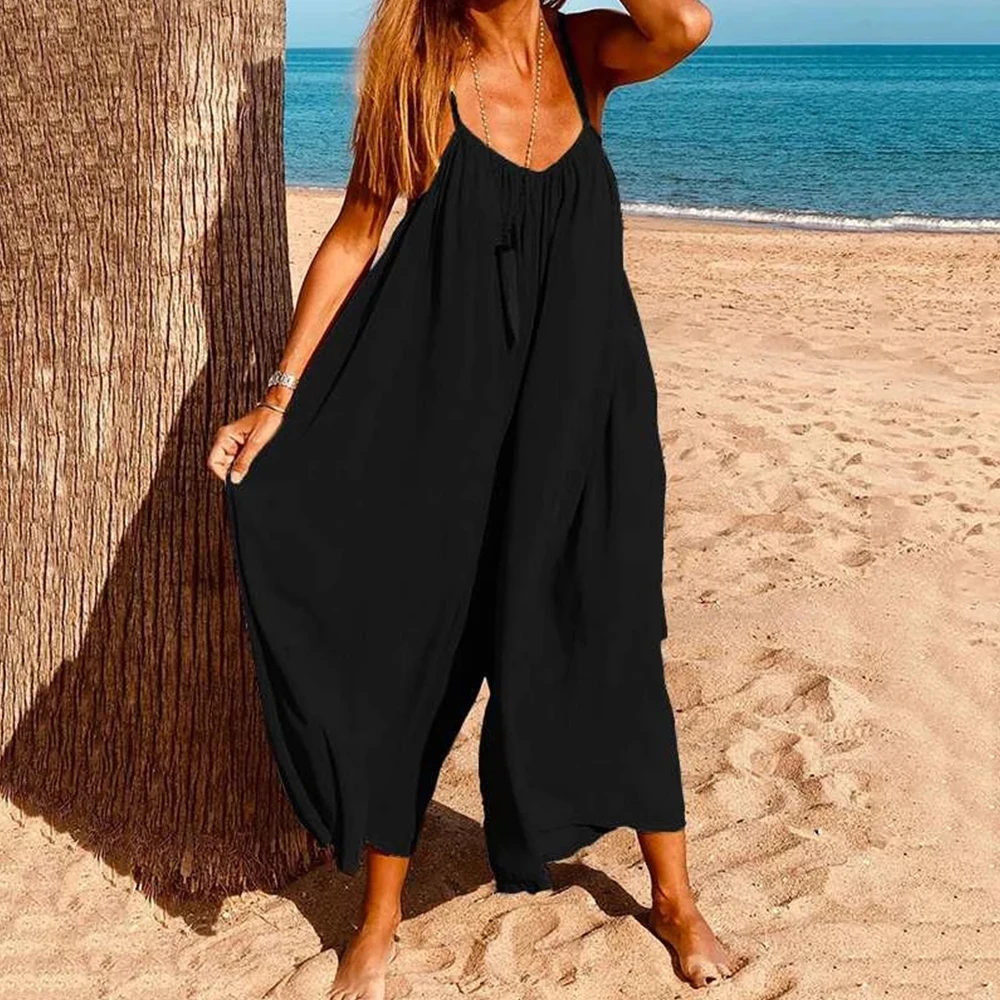 

Wide-leg Pants, Solid Color Large Loose-fitting Women's Overalls Casual Sleeveless Jumpsuits Long Palazzo Pants