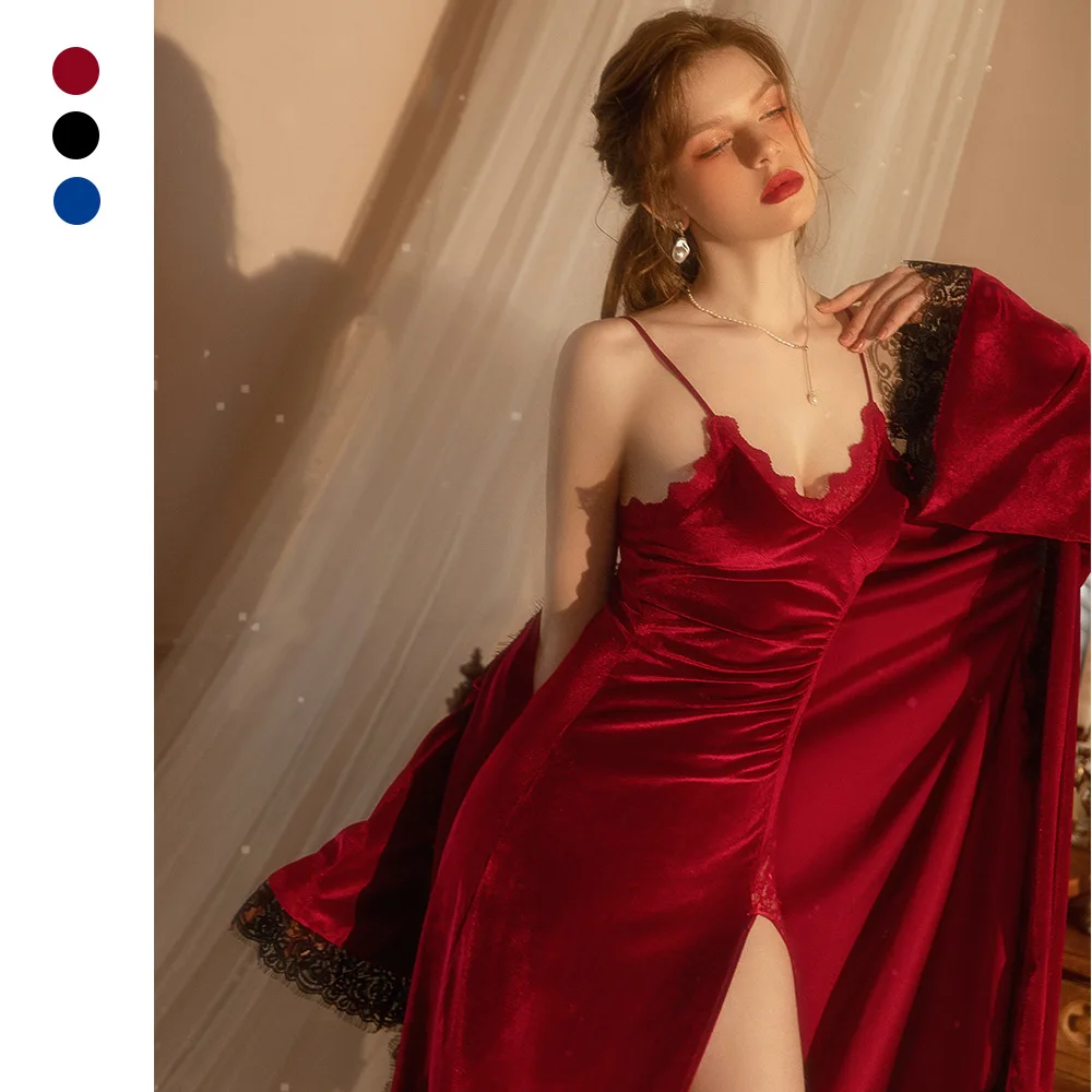 

Женский комплект из 2 предметов, ночная рубашка, сексуальная Лоскутная кружевная сетчатая бархатная ночная рубашка, одежда для сна, Осень-зима, велюровое домашнее платье, одежда для отдыха