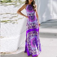 summer purple halter lace up bohemia dresses for women sleeveless printed beach dress elegant pleated high waist slim maxi dress