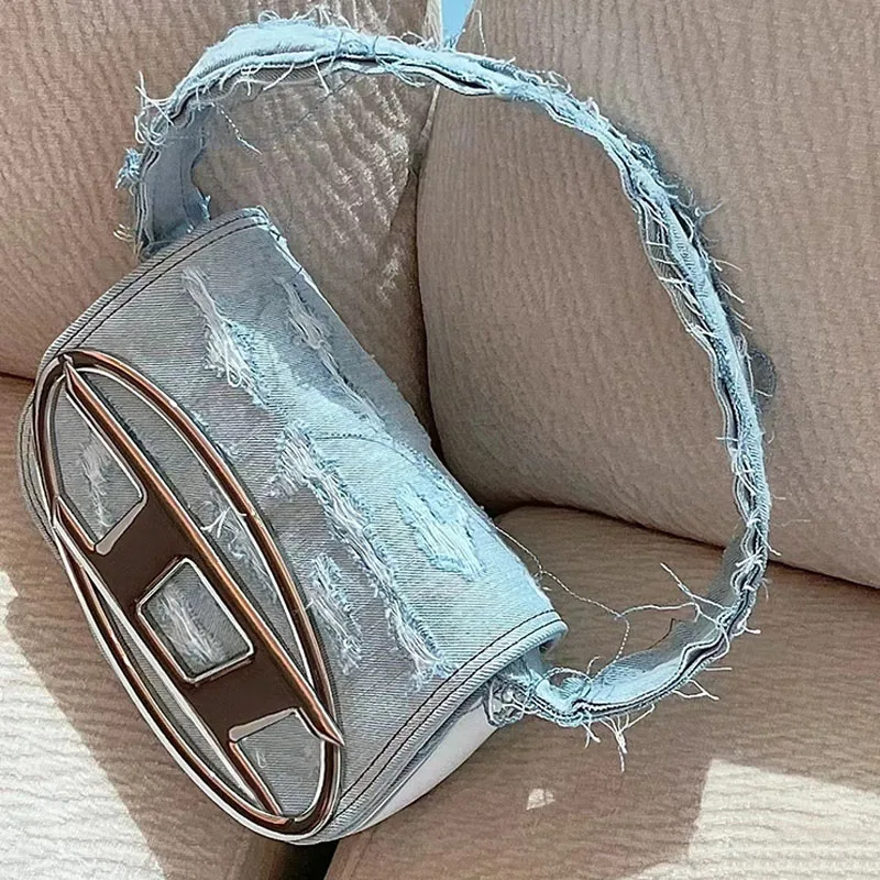 

Женская джинсовая сумка на плечо с полумесяцем, стильные шикарные маленькие сумочки-тоуты в простом дизайне, холщовые сумки-слинги для джин...