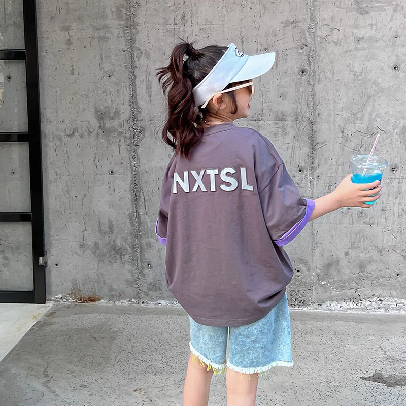 

T-shirt for Girls Summer Grey Tee Shirt Loose Casual Teenager Girls Clothes 8 10 12 13 14 years