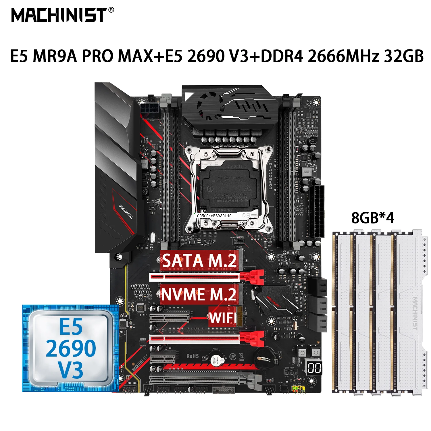 

MACHINIST E5 MR9A PRO MAX комплект материнской платы Xeon E5 2690 V3 комплект LGA 2011-3 ЦПУ процессор 32 ГБ = 4*8 ГБ DDR4 2666 МГц память M.2 NVME