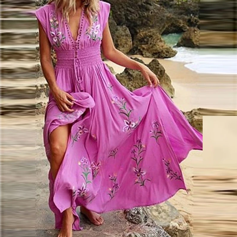 New V Neck Tassel Boho Long Dress Women Elegant Floral Print Maxi Party Dress Summer Sleeveless Loose Casual Beach Dress Vestido