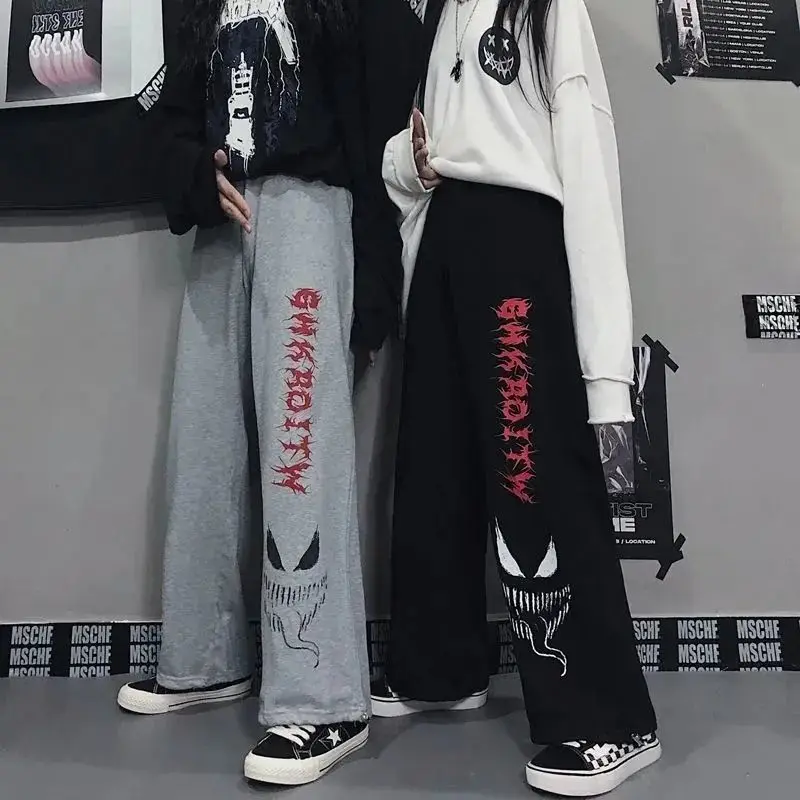 

Брюки женские с широкими штанинами, модные спортивные штаны с мультяшным рисунком в Корейском стиле, повседневные свободные готические брю...