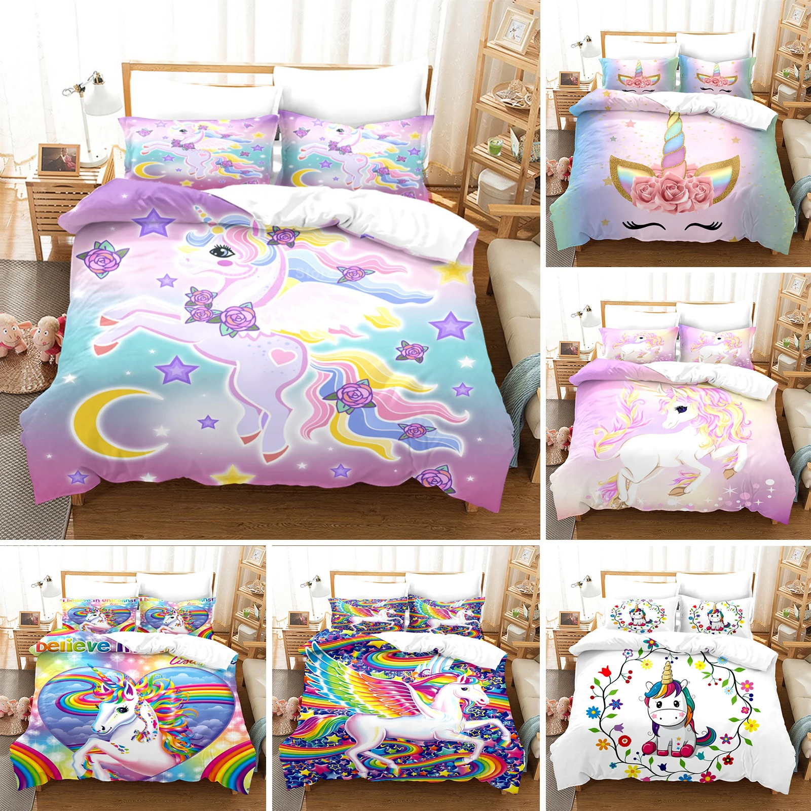 Комплект постельного белья с принтом единорога для детей и взрослых |