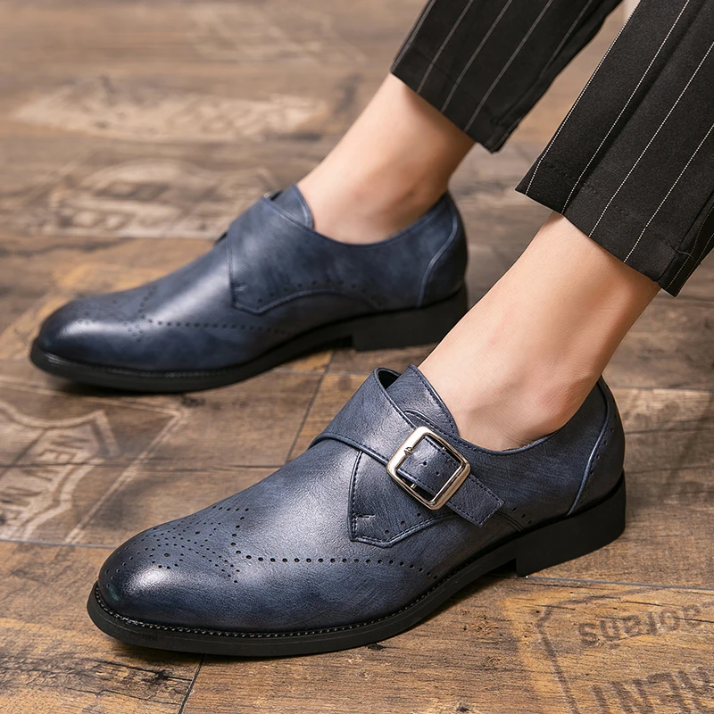 

Blue Patent Leather Buckle Loafers Men's Flat Fashion Casual Workwear Shoes Men's Moccasin Designer Handmade Black Leather Shoes