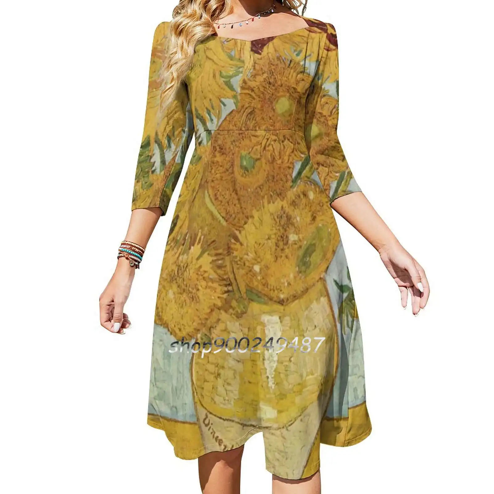 Женское платье с квадратным вырезом элегантное облегающее подсолнухом Ван Гога