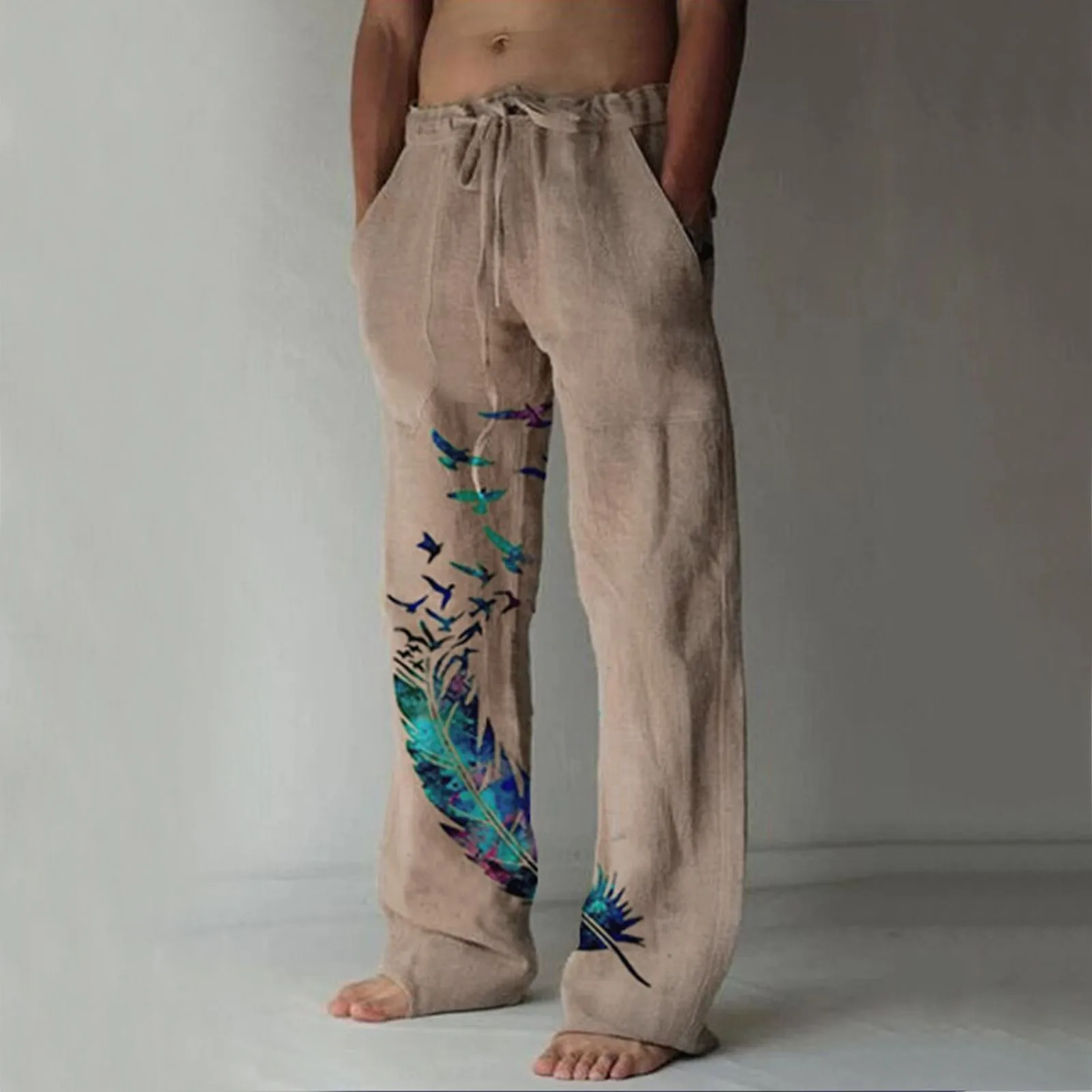 

New Men's Cotton Linen Pants Casual Butterfly Print Trousers Pocket Drawstring Sweatpants Daily Simple Loose Pantalones Hombre