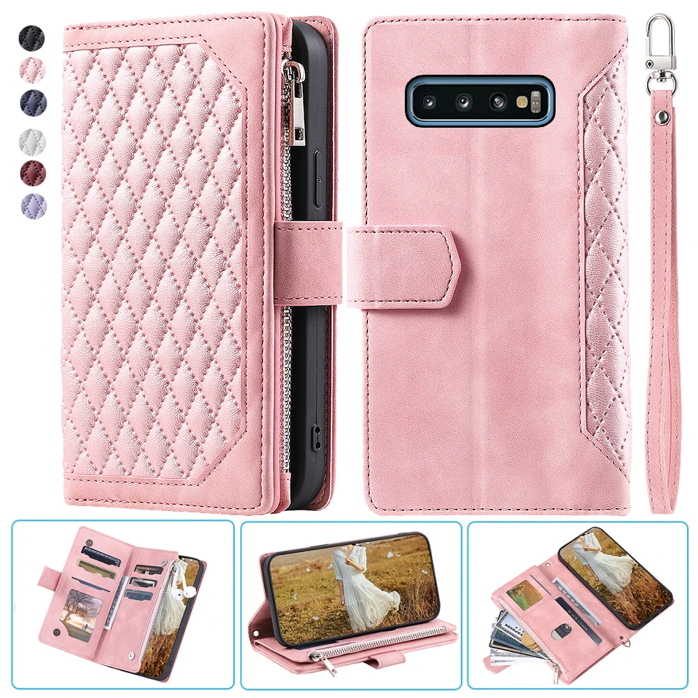 

For Samsung S10 4G Fashion Small Fragrance Zipper Wallet Leather Case Flip Cover Multi Card Slots Cover Folio with Wrist Strap