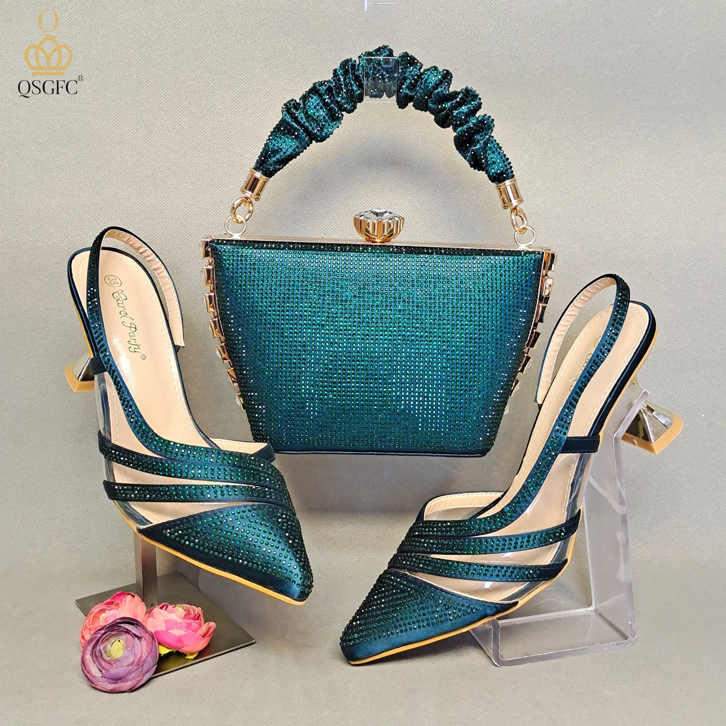 

QSGFC Green Solid Color Diamond Decoration Elegant and Simple Exquisite Party Women's Shoes Bag Set