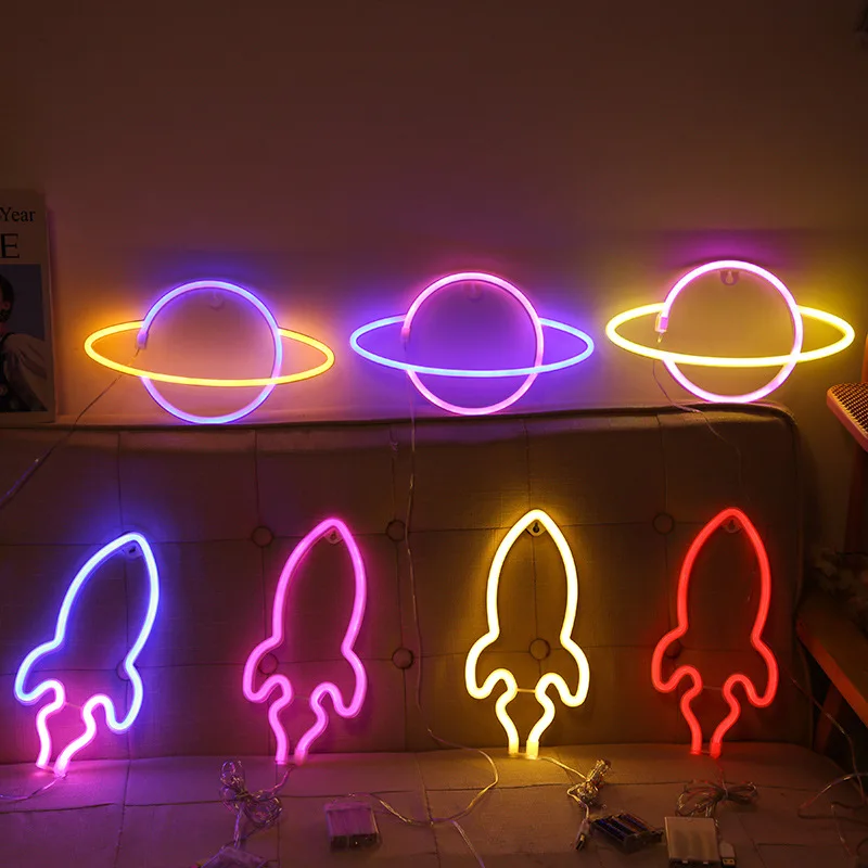 

2022 DIY Ins New LED Planet Neon Light Rocket Shape Color Light Bedroom Decoration Net Red Decorative Night Light