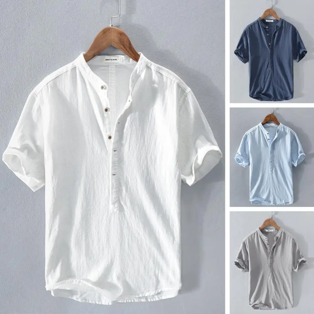 

Men Summer Cotton Linen Shirt Short Sleeve Stand Collar Buttons Half Placket Casual Solid Color T-shirt Blouses Top Male Clothes