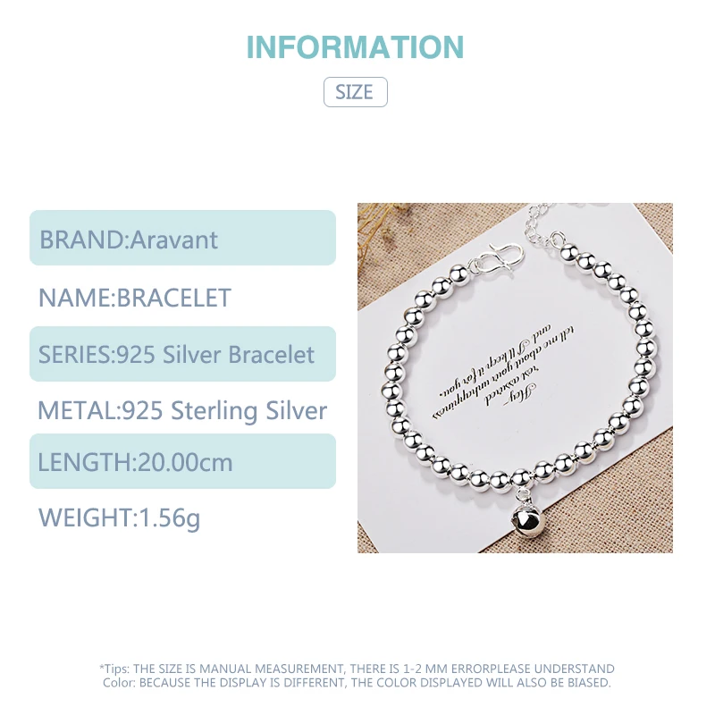 Aravant 925 серебряный колокольчик браслеты из бисера цепи для женщин девушек Модные