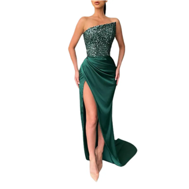 Fashion Women's Clothing Elegant The Breast Thin Dress Split Bronzing Sexy Dresses Female Bodycon Long Dress For Wedding Evening