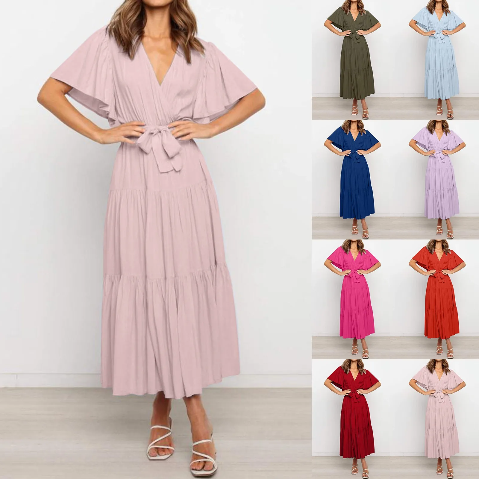 

Женское Повседневное платье с оборками, платье с запахом, V-образным вырезом и коротким рукавом, деловые рубашки, повседневные платья с длин...