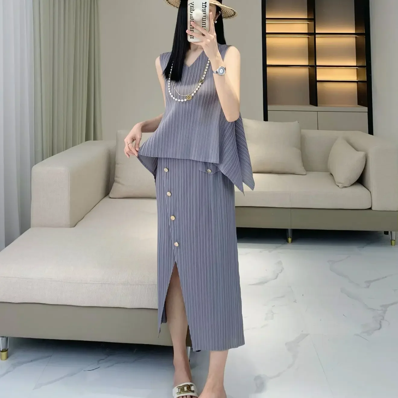 Женский плиссированный костюм с юбкой однотонный Свободный Топ без рукавов