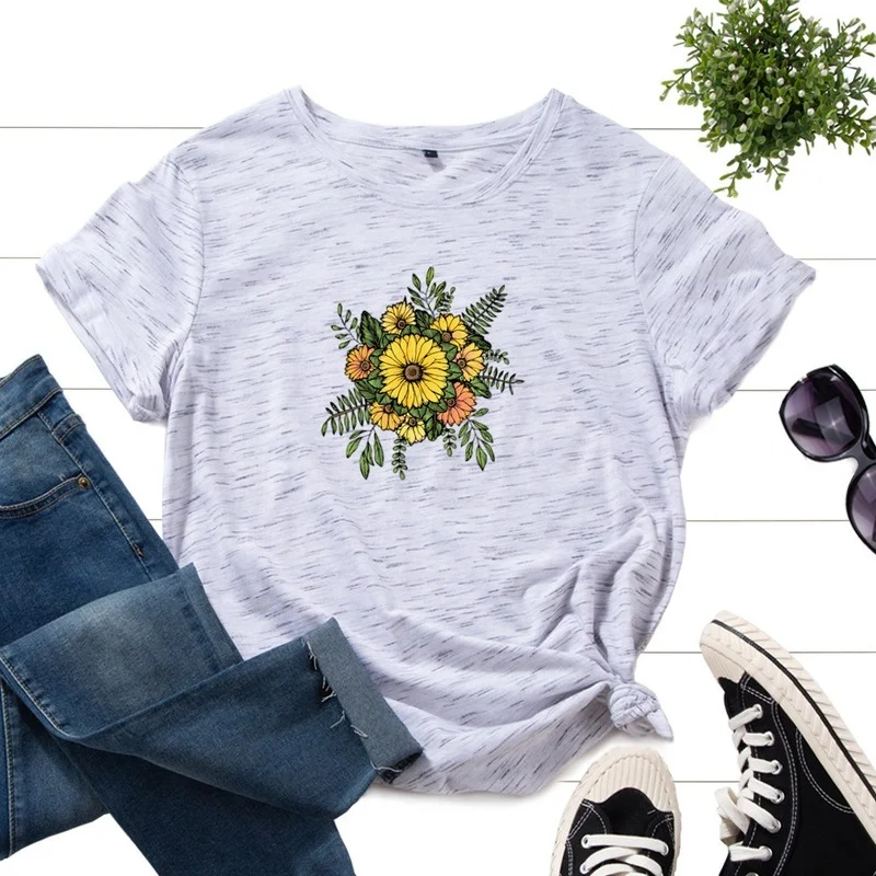 

Summer Women Short Sleeve 100% Cotton T-shirt Flower Print Female Fashion Casual Clothes Ladies Regular Graphic O-Neck Tees Tops