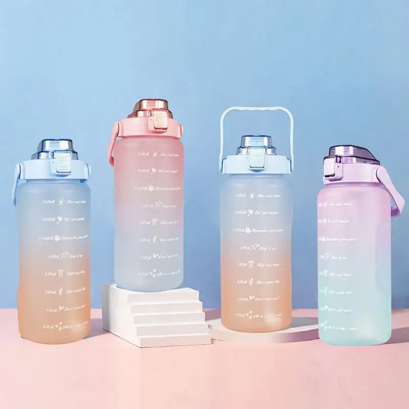 

Water Bottle 2l Leak-proof Outdoor Travel Large Capacity Gradient Color Drinkware Straw Cup Portable With Time Marker Household