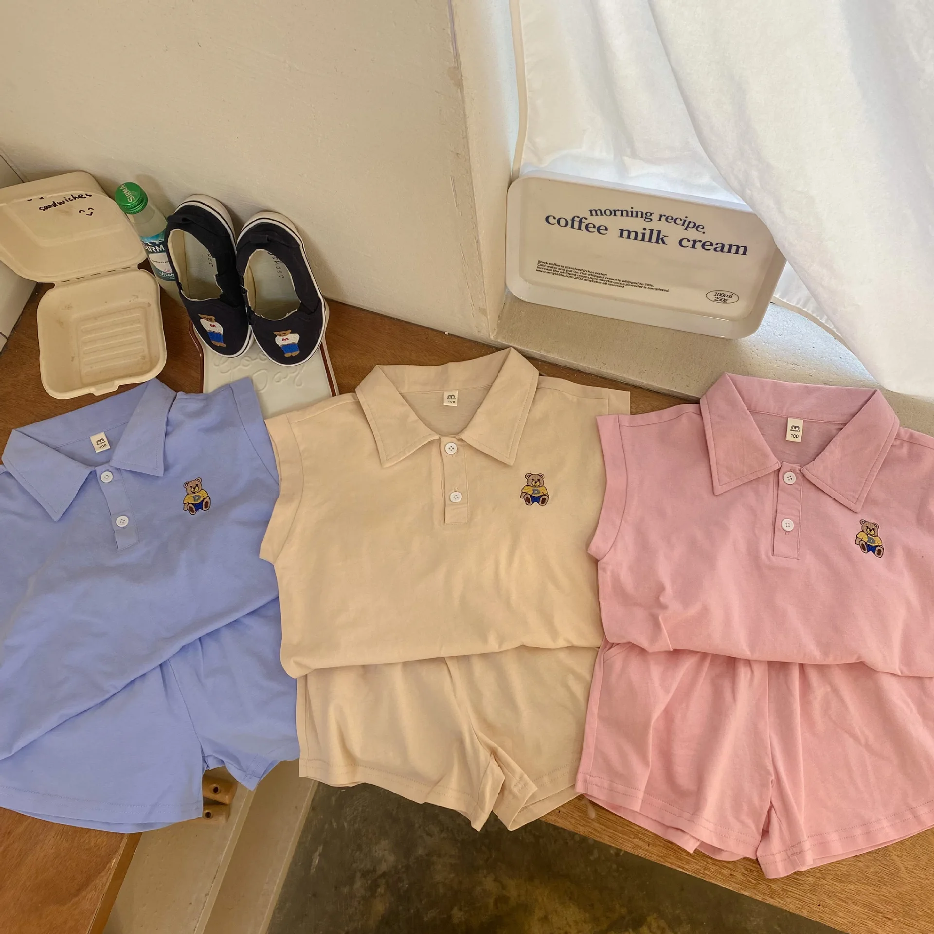 

Children Summer New Polo Set Boy Thin Short Sleeves Tops Girl Cute Cartoon T-shirt + Solid Soft Cotton Shorts 2pc Suit