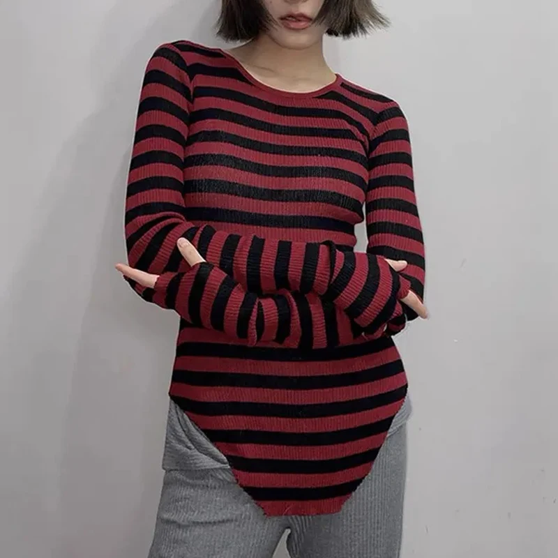 

2023 90s Grunge Aesthetics Knitted Tops Vintage Irregular Ribbed T-shirt Gothic Red Stripes Long Sleeve Tshirt Punk Alt Knitwear