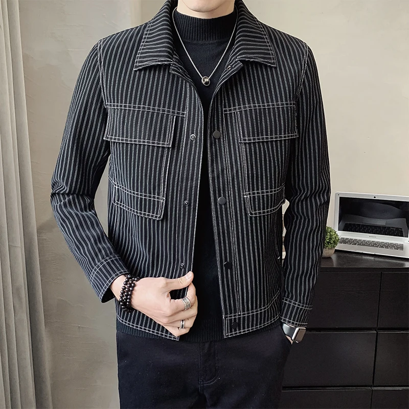 

Spring New Striped Leather Jackets for Men's Slim Lapel Motorcycle Bike Jacket Fashion Streetwear Social PU Coats Male Clothing