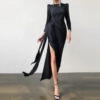 sexy and elegant high waist slit dresses urban women long sleeve bandage folds party banquet dresses formal clothing chic wear