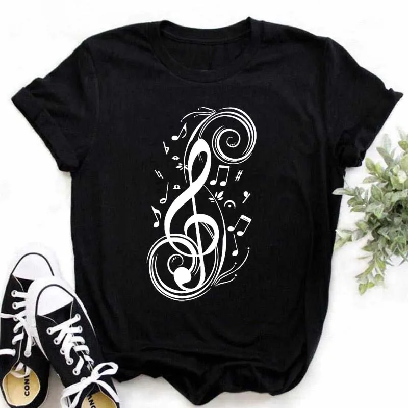 

Fashion Music Notes Print Female Tee Tops Graphic Harajuku Korean Short Sleeve Casual Fashion Tshirt Femme Women T Shirt