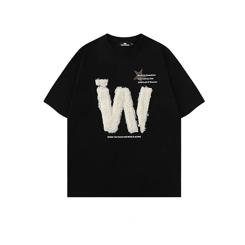

Vintage Plush Embroidered Cotton Trendy Loose Mens and Womens Short Sleeved T Shirts for Summer
