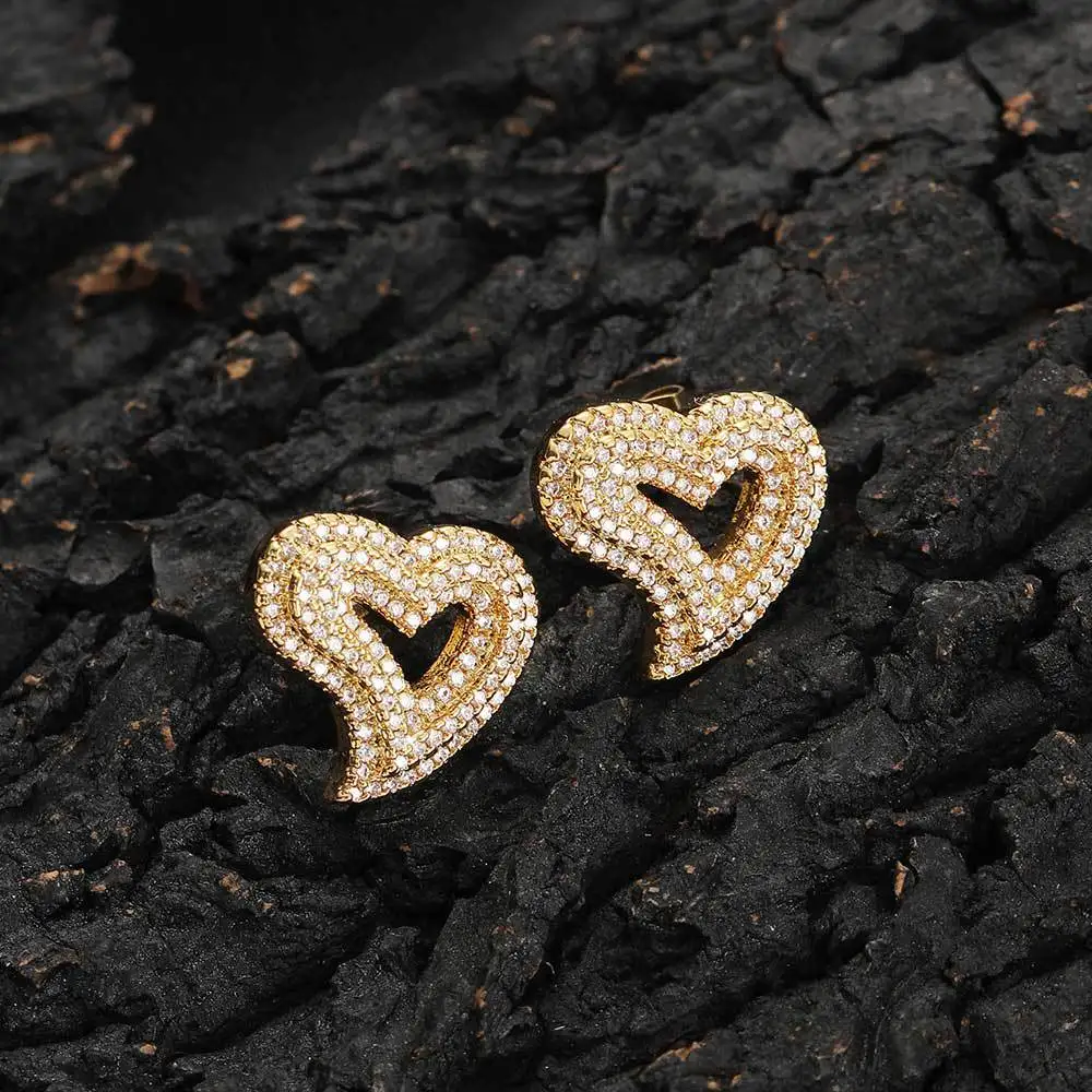 

Hip Hop Hollow Heart Stud Earrings Bling Full Zircon 18K Real Gold Plated Jewelry