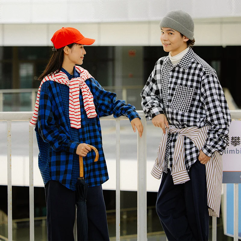 

Japanese Fashion Splice Plaid Shirt Men Women Streetwear Hip Hop Oversize Long Sleeve Loose Casual Couple Shirts Blouses Male