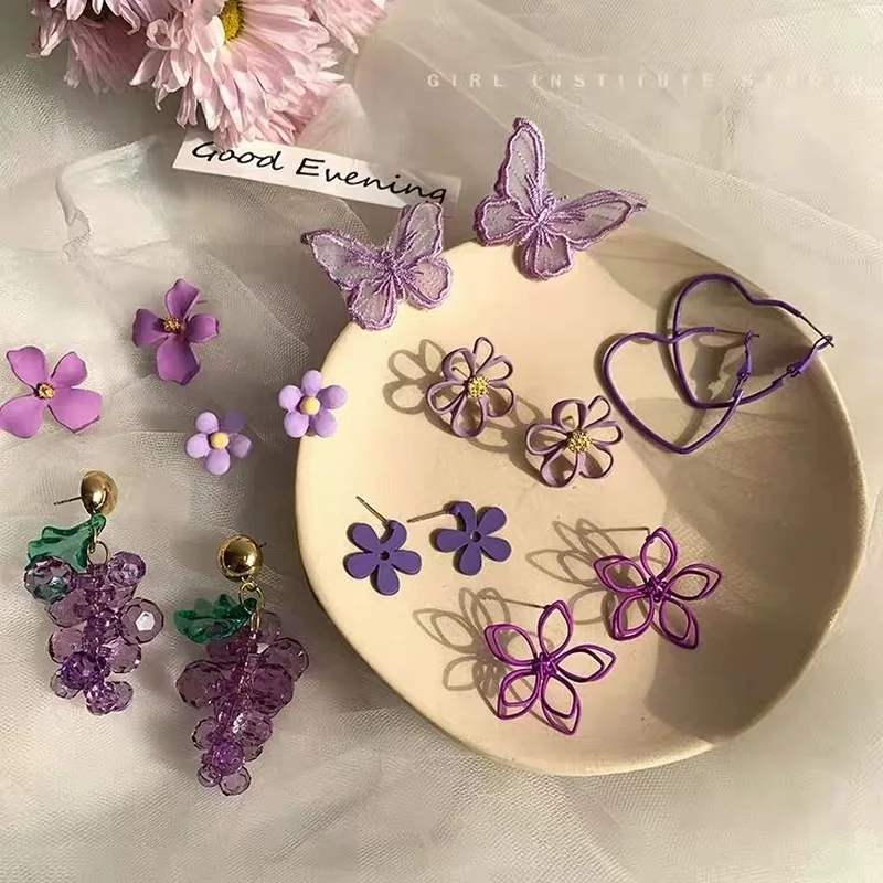 

2022 New Design Purple Flower Butterfly Drop Earrings for Women Sweet Fairy Mystery Shiny Crystal Resin Lace Earring Jewelry