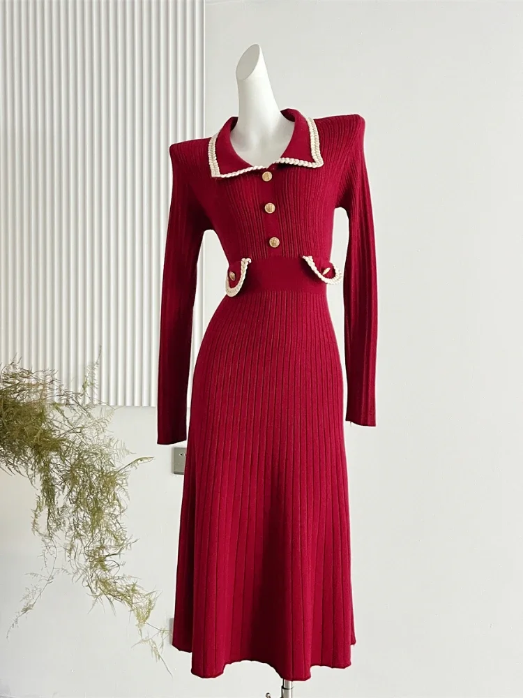 Женское элегантное трикотажное платье осень-зима французское тонкое винтажное