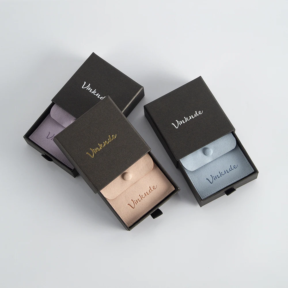 9x9x3.2cm DIY Drawer Box Custom Logo Slide Cardboard Jewelry Necklace Packaging Gift Organizer Case Microfiber Button Pouch Bag