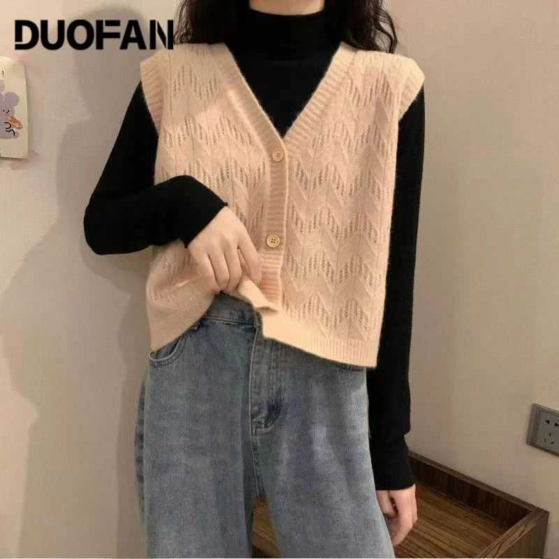

DUOFAN Autumn Sweater Vests Women Solid V-Neck Single Breasted Knitted Waistcoat Winter Female Preppy Style Chalecos Para Mujer