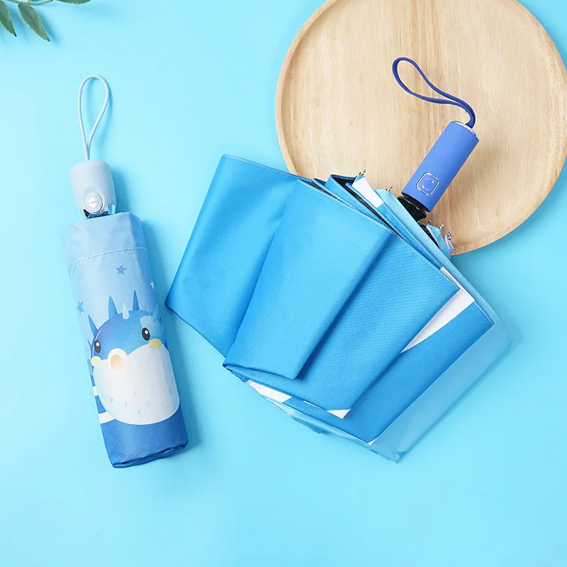 

New Fully Automatic Cartoon Puffer Anti-Rebound Tri-Fold Umbrella Sun Umbrella UV Protection Cute Paragua Plegable Automatico