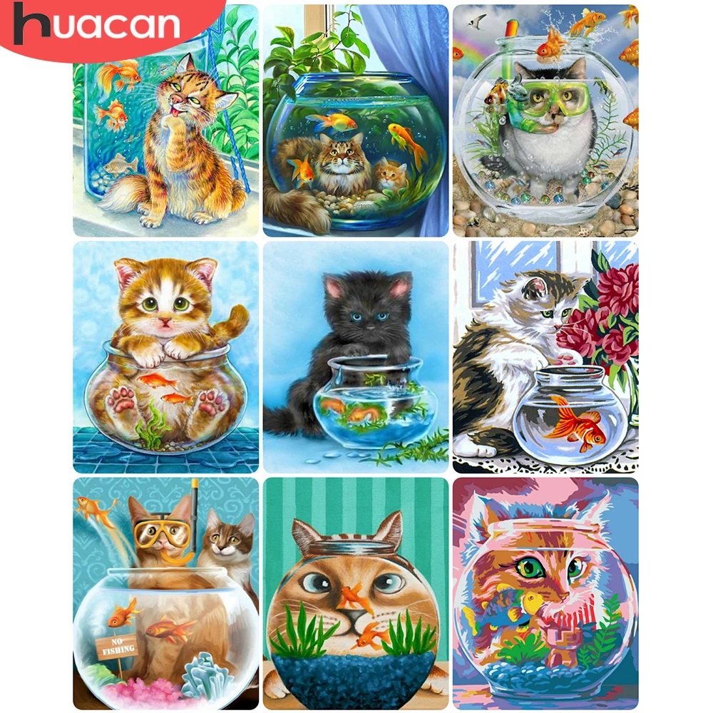 

HUACAN DIY Frame Oil Painting By Numbers Cat Animal Acrylic On Canvas Wall Art Picture By Numbers Fish Children's Room Decor