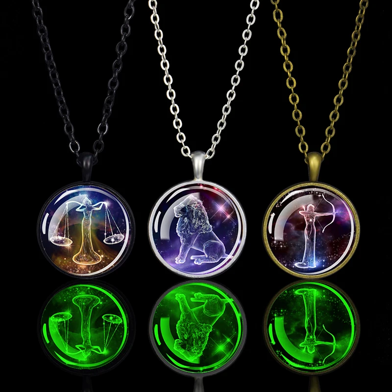 

Esspoc12 Constellation Pendant Necklace Punk Black Chains Necklaces for Women Men Gift Zodiac Signs Jewelry Glowing in The Dark