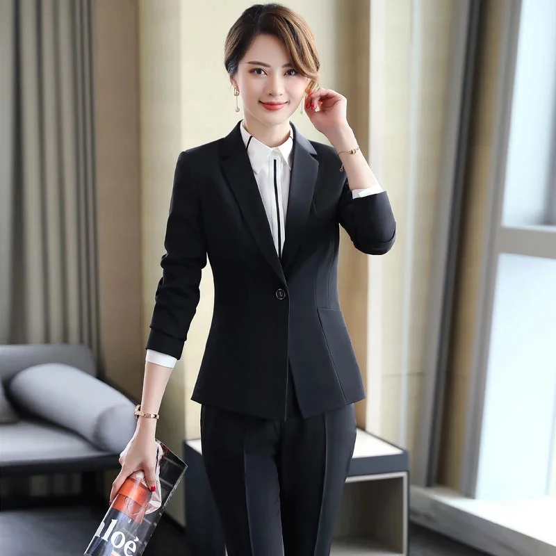 Office temperament ladies women's pants suit business black classic suit jacket pants suit two-piece formal suit