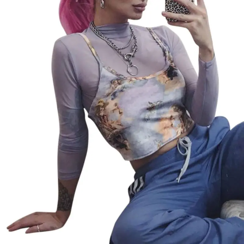 

Women Summer Sexy Spaghetti Strap Crop Top Colored Angel Love Cupid Digital Printing Camisole Backless Deep Scoop Neck Party