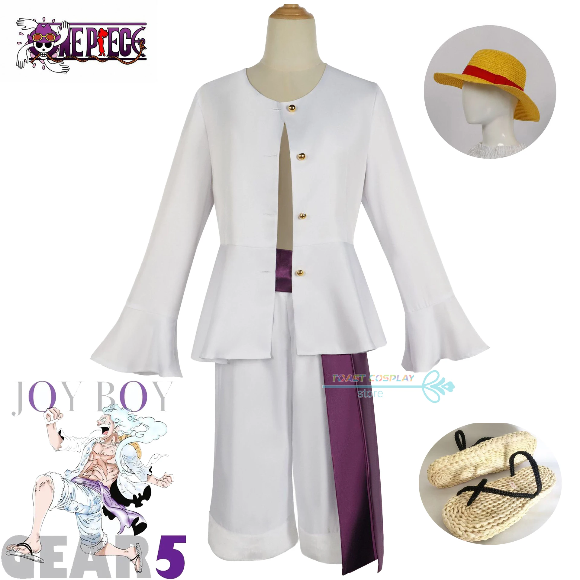 

Gear5 Nika Luffy Cosplay Costume Monkey D Luffy Sun God Nika Form Anime White Suit Cap Shoes Full Set for Halloween Carnival Cos