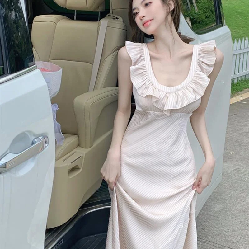 

Korean Style Sexy Party Dress Female Slim Sheath Bodycon Dress 2022 Summer New Sleevless Flounce Backless Long Nightclub Dress