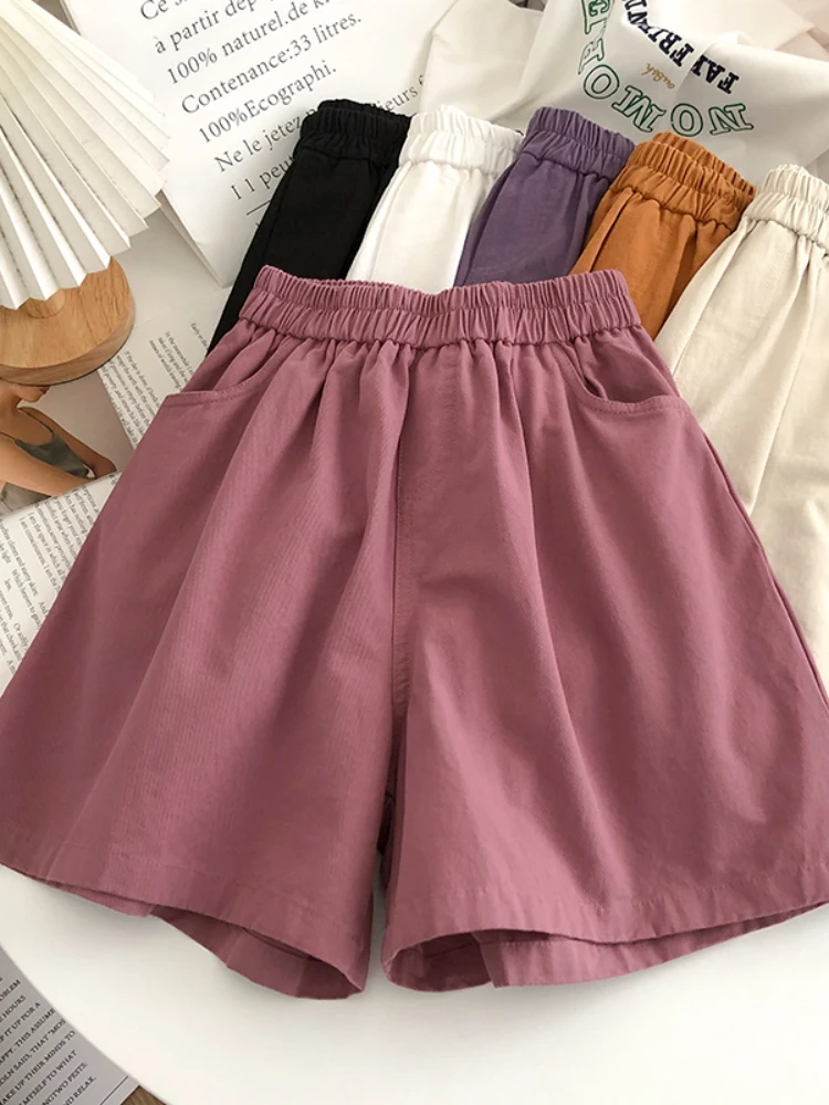 

FTLZZ New Summer Elastic Waist Shorts Women Casual Pockets High Waist Wide Leg Shorts Lady Fashion Solid Color A-line Shorts