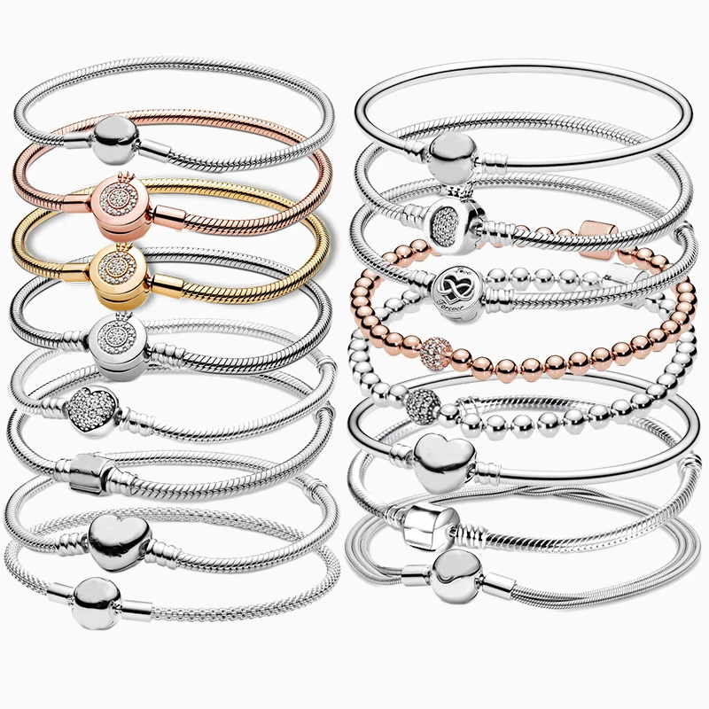 

TOP SALE Femme Bracelet Silver Color Heart Snake Chain Bracelet For Women Fit Original Charm Beads Jewelry Gift