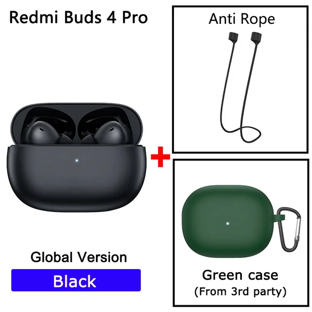 Redmi Buds 4 Pro black Global Version + Anti Rope + Green case